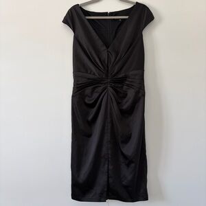 Tadashi Collection Black Satin Cap Sleeve Ruched Front Slit Knee Length Dress 14